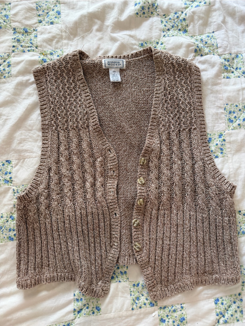 Jennifer Moore Taupe/Brown Cable Knit Button Front Vest